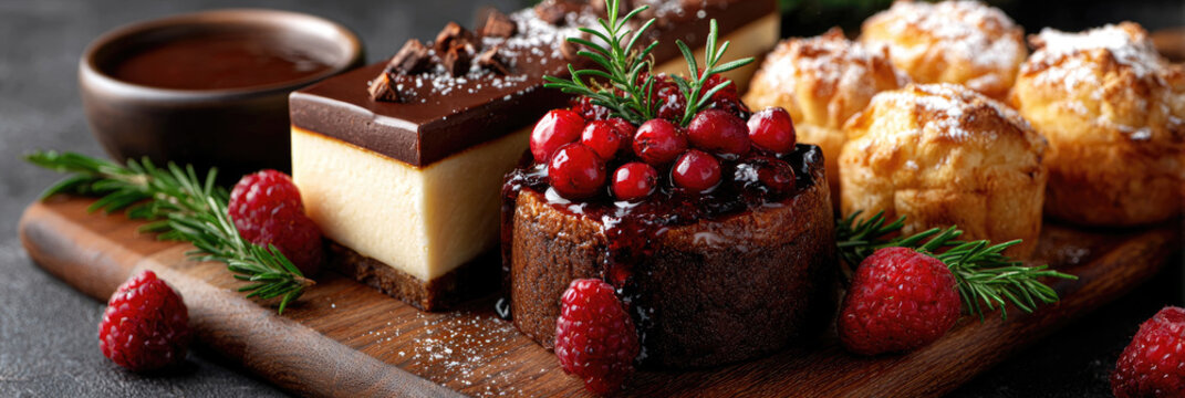 Delicious assortment of gourmet desserts and chocolate cakes beautifully arranged on a wooden serving board, offering sweet indulgence and a variety of rich flavors