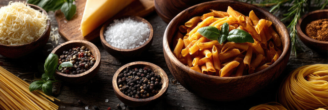 Assortment of fresh pasta ingredients. Featuring uncooked tagliatelle nests. Grated parmesan. Rich tomato sauce. Black lentils. Coarse sea salt. Mixed peppercorns. Fresh basil