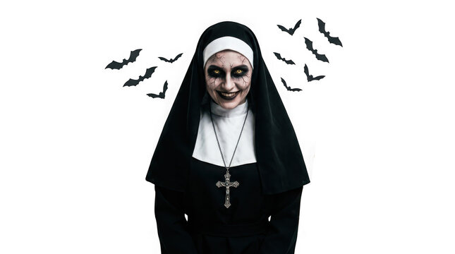 Scary nun with creepy face makeup and yellow eyes wearing a habit and cross necklace isolated on transparent background