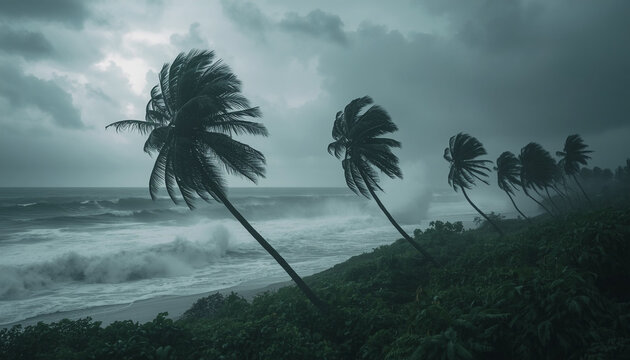 Dramatic tropical hurricane storm over ocean beach, palm trees bending in high wind, dark stormy sky with crashing waves and coastal weather disaster
