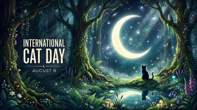 Forest Scene With Crescent Moon And Black Cat Digital Illustration