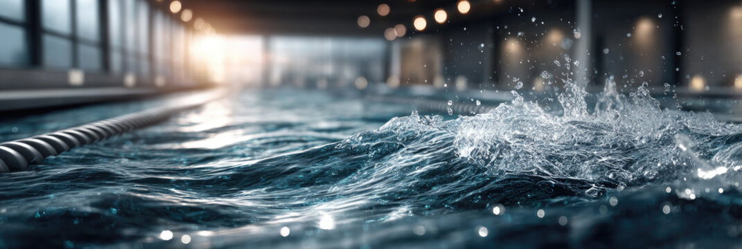 Swimming pool water sparkling at sunset, creating beautiful bokeh light and abstract reflections, a lane rope defining the swim path in a modern indoor sports facility
