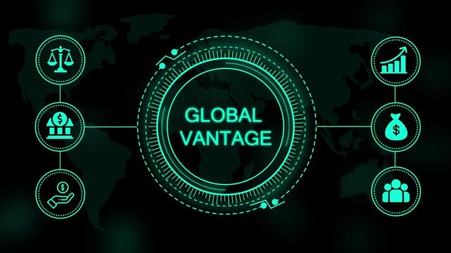 Digital interface with a central circle containing the text global vantage surrounded by financial and a map on a dark green background