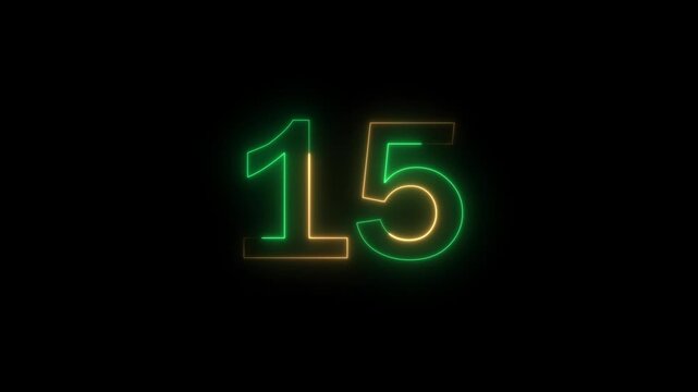 Glowing neon 20 to 0 number seventeen with a color gradient transition from green to orange isolated on a solid black background for digital count