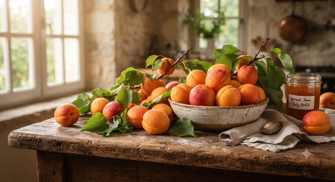 Fresh ripe organic apricots on a rustic wooden table creating a healthy summer fruit harvest and farm fresh concept