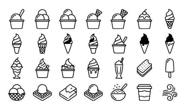 Elegant Minimal Ice Cream Scoop and Soft Serve Black White Vector Icon Collection