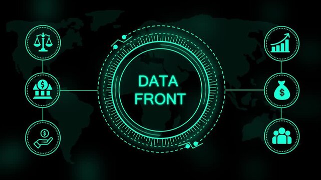 Data front text displayed in a glowing teal circular digital interface with of scales bank building money bag and growth chart on black