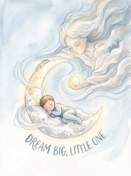 Dream Big Little One Watercolor Sleeping Baby on Moon Illustration
