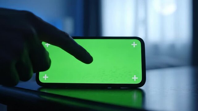 Close up of a hand swiping on a green screen smartphone in a dark room.