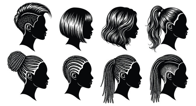 A collection of black and white silhouette illustrations featuring diverse hairstyles for women shown in profile on white background