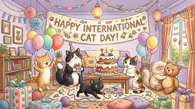 Cats Celebrating International Cat Day Colorful Vector Illustration