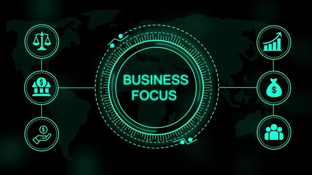 Business focus text displayed in a glowing teal circular digital interface with of scales bank building money bag and growth chart on black