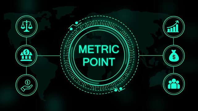 Digital interface with a central glowing circle containing the text metricpoint surrounded by six circular on a dark map background