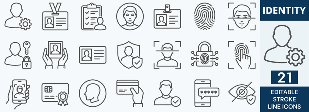Identity Line Icon Set. 21 Editable Stroke Icons of User Verification, Biometric Security, ID Card Access, Facial Recognition, Fingerprint Scan, Privacy, and Account Symbols. Vector Graphic.