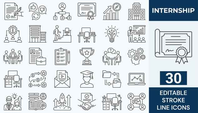 Internship Line Icon Set. 30 Editable Stroke Icons of Career Development, Student Training, Job Experience, Certificate, Skill Building, Work Orientation, and Qualification. Vector Graphic.