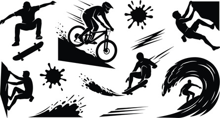 Extreme Sports Silhouette Vector Set with Mountain Biking, Skateboarding, Surfing, Rock Climbing, and Splatter Elements for Action Graphic Designs © Neel