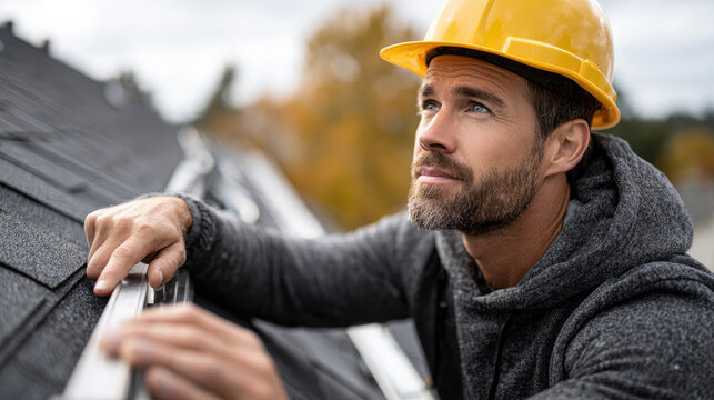 Professional man climbing ladder onto a residential house roof, inspecting shingles and performing maintenance work on property in suburban autumn season