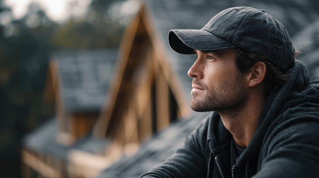 Homeowner facing roof leak problem, contemplating solutions for potential structural damage, a man thinking about maintenance, repair, and property insurance concerns