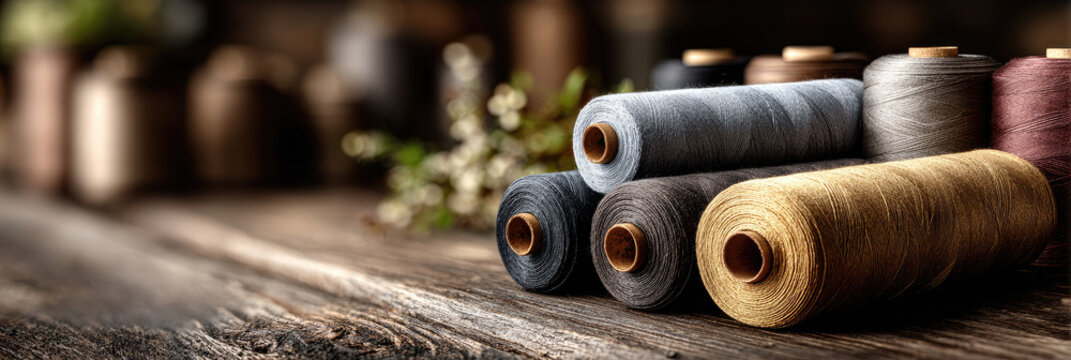Rustic wooden table displaying craft materials including spools of thread and draped fabric, alongside organic elements like dried spices and star anises, creating a warm, artisanal atmosphere