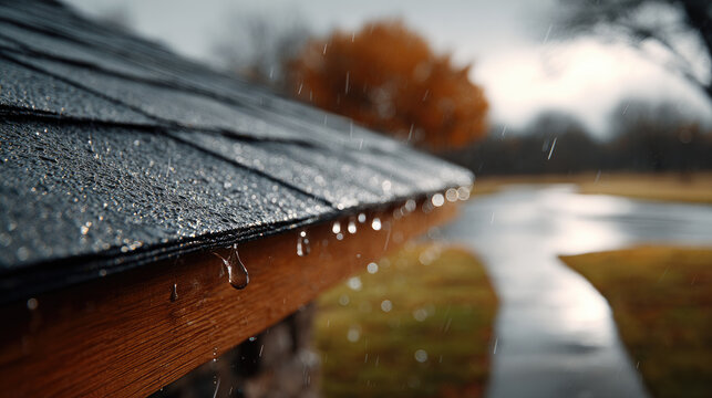 Water droplets forming on dark roof tiles and wooden trim after rain, reflecting sunlight with lush green foliage nearby, representing home maintenance and water damage