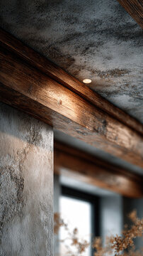 Rough concrete ceiling bearing water stains and damp patches, indicating serious moisture damage or a roof leak