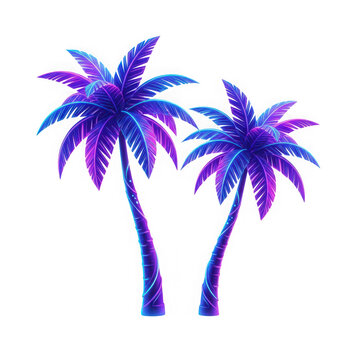 Two vibrant neon glowing palm trees with purple and blue gradient colors isolated on transparent background