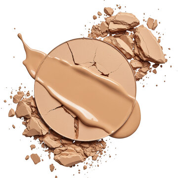 Broken compact powder with liquid foundation swirl isolated on transparent background
