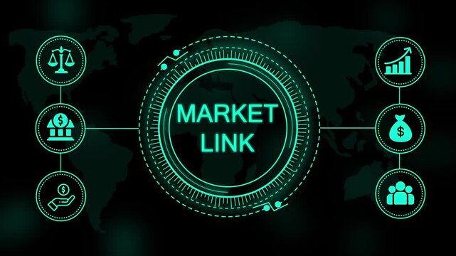 Digital interface with glowing cyan text reading market link surrounded by circular representing finance and business on a dark map background