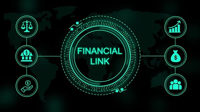 Digital interface with glowing cyan text reading financial link surrounded by circular representing finance and business on a dark map background