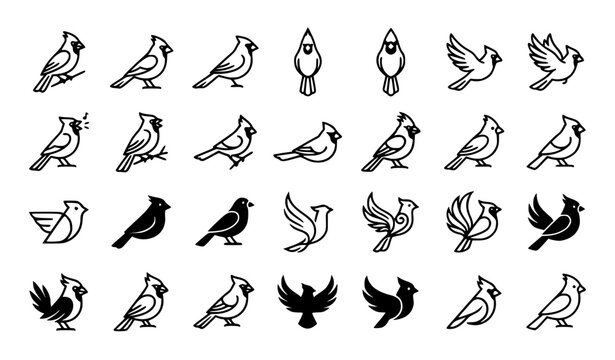 Northern Cardinal Bird Line Art Icon Set Elegant Vector EPS 10