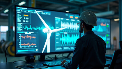 Fototapeta premium Engineer monitoring wind turbine data on a futuristic digital dashboard
