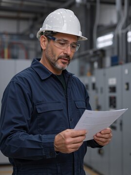Middle aged male engineer reading document in control room. Technician in hard hat and safety glasses checking checklist in industrial factory