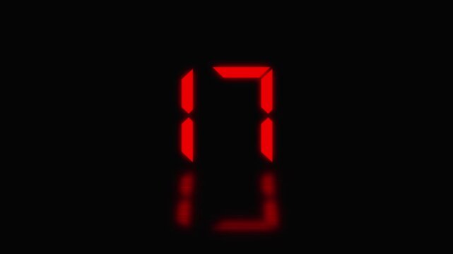 Sports shot clock countdown from 22 to 0. Glowing LED digits with afterglow. Red digital countdown timer with reflection on black background, clock
