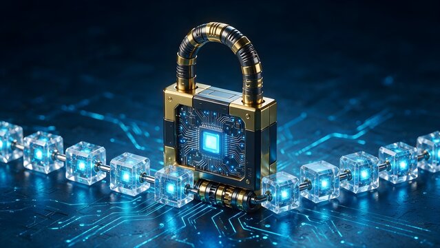 Secure padlock combined with glowing blue digital blockchain cubes represents advanced cybersecurity infrastructure protection for financial data stored within a complex modern global network environm