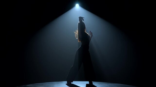 Silhouette of a female dancer performing under a single dramatic overhead spotlight on a dark stage. Concept of dance, performance, nightlife and art, fitness, fashion and entertainment advertising.