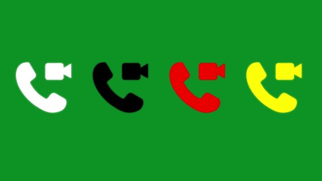 Animated video call icon set with white black red yellow symbols on green screen background for video editing.