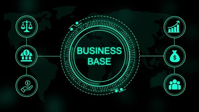 Business base text inside a glowing circular digital interface with of scales bank money growth chart and people on a dark map background