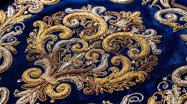 Intricate embroidery with gold and silver thread on dark fabric