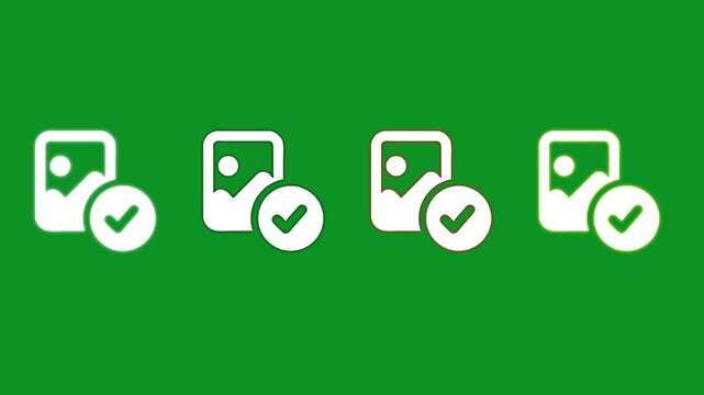 White image icon with check mark, animated on green background, graphic animation, motion.