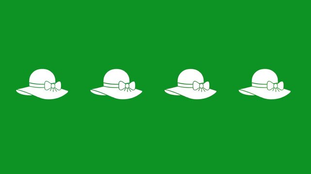 Woman hat icon with ribbon bow animated on green screen chroma key background, white female sun hat graphic element for summer fashion and elegance motion graphic.