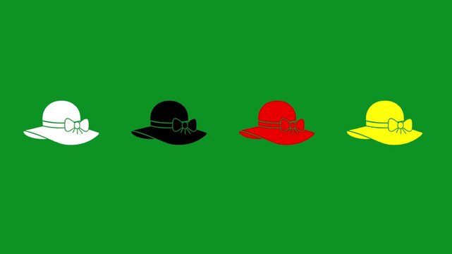Sun hats with ribbon bow appearing on green screen, colorful summer headwear collection, animated women accessories footage.