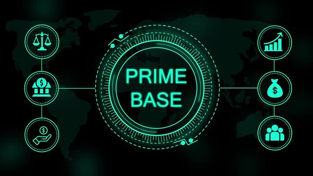 Prime base text displayed inside a glowing circular digital interface with of scales bank building money bag and growth chart on dark background