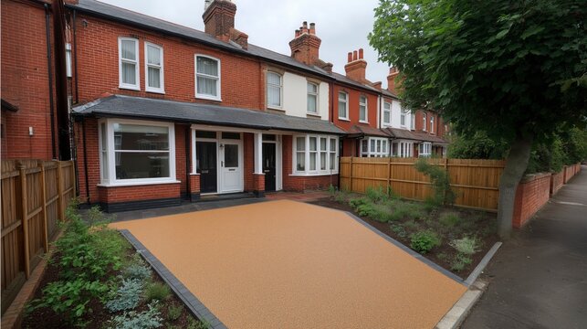 Title and idea: A modern UK terrace house with a brand new resin driveway showcases a clean and welcoming exterior upgrade that enhances curb appeal and creates a stylish first impression.
