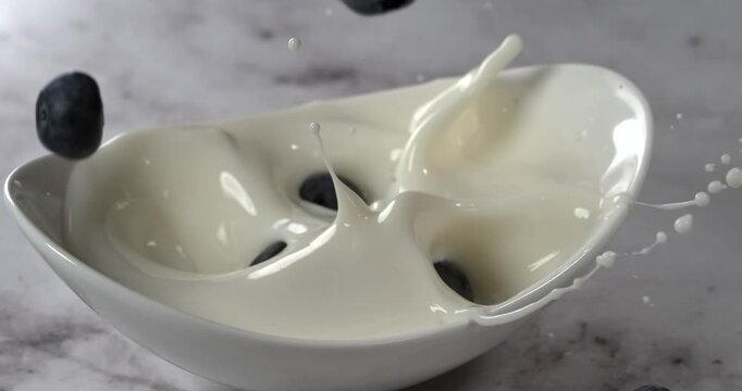 Blueberries falling into a bowl of milk with splash in super slow motion