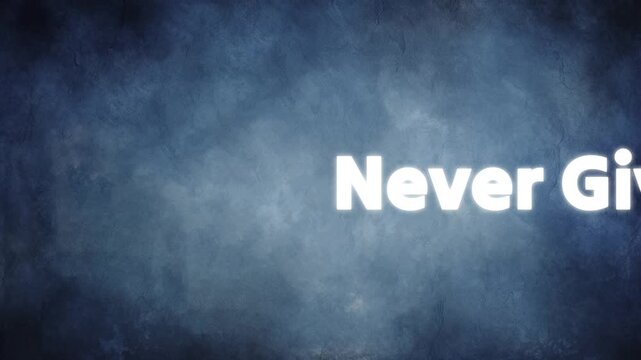 Never give up text displayed on a dark blue textured background for motivational purposes with lighting minimalist style