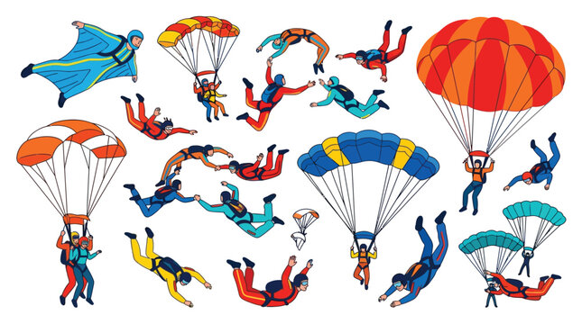 Colorful vector illustration showing professional skydivers performing complex aerial maneuvers with open parachutes and jump suits
