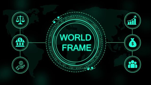 Digital interface showing a glowing frame concept with circular representing global finance and business statistics on a dark background