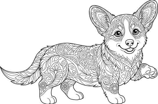 Decorative Corgi Dog Line Art Vector Illustration for Coloring Book and Pet Designs