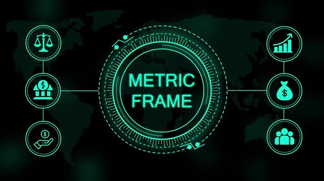 Digital interface showing a glowing metric frame concept with circular for financial performance and business analytics on a dark background