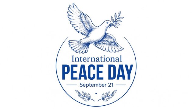 International peace day logo design featuring a flying white dove with an olive branch on white background